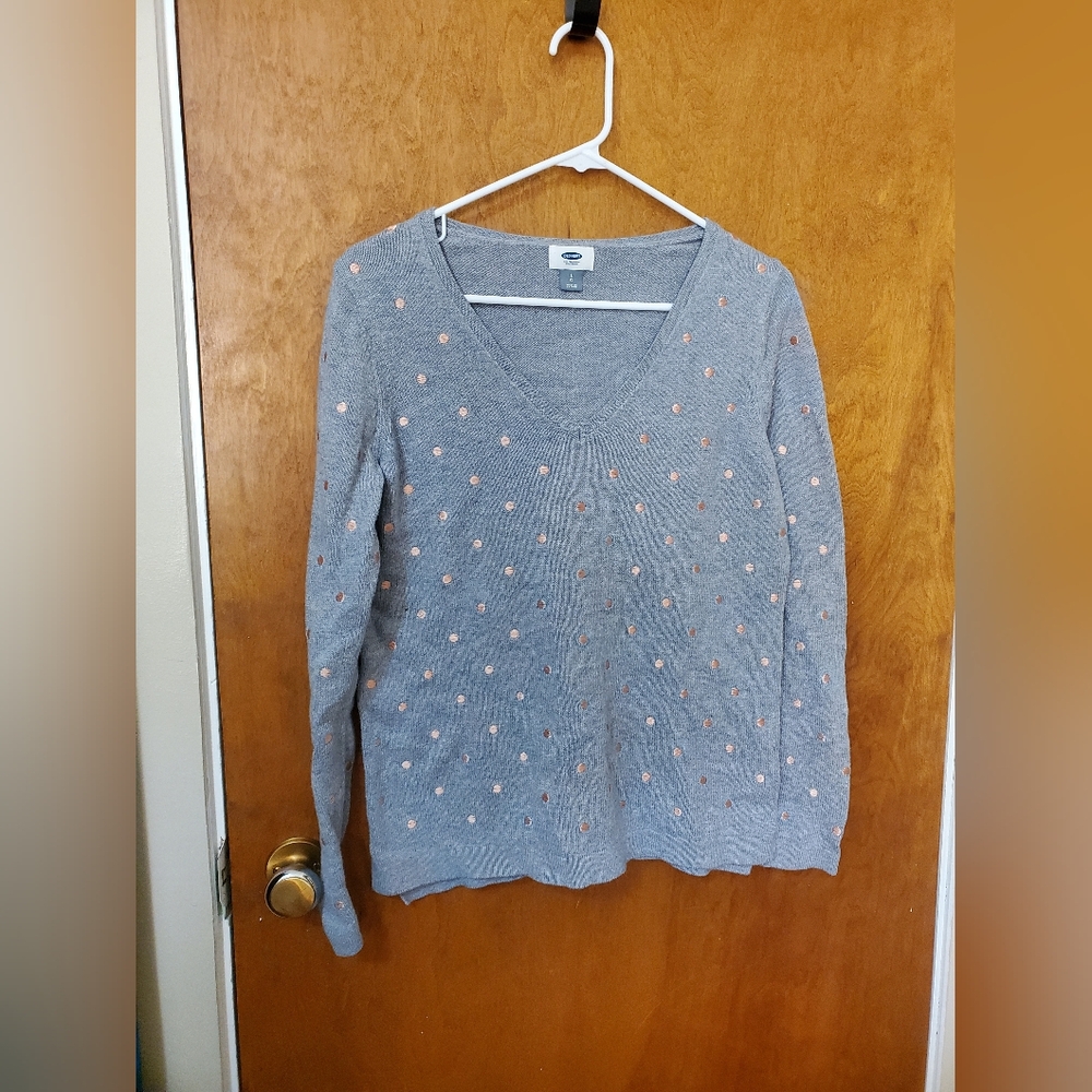 Old Navy Women's Gray Sweater with Pink Polka Dots- Size L